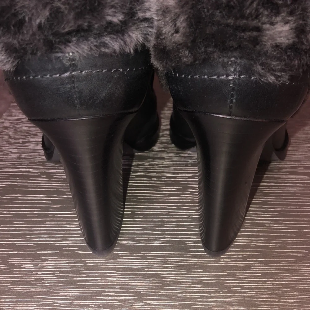 rag & bone Black Leather Mules with Gray Fur Cuff